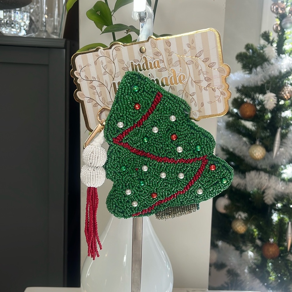 Beaded Christmas Tree Coin Purse Bag Charm India Handmade NWT